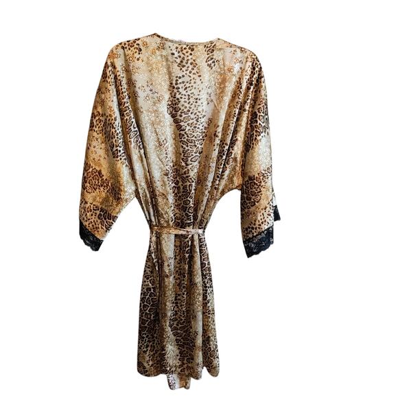 Gilligan & O’Malley Satin Robe Leopard Floral Print Black Lace Trim Size Large - Picture 8 of 8